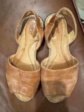 Born Women's Cognac Leather Peep-Toe Slingback Sandals